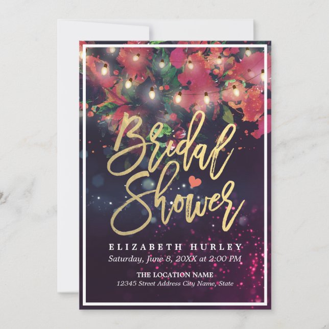 Bridal Shower Red Floral String Lights Gold Script Invitation (Front)