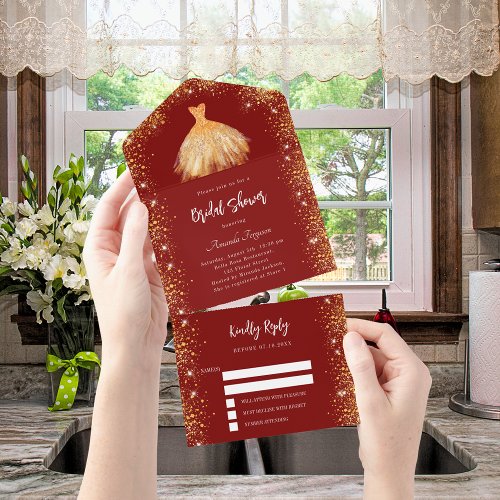 Bridal Shower red gold dress glitter RSVP All In One Invitation