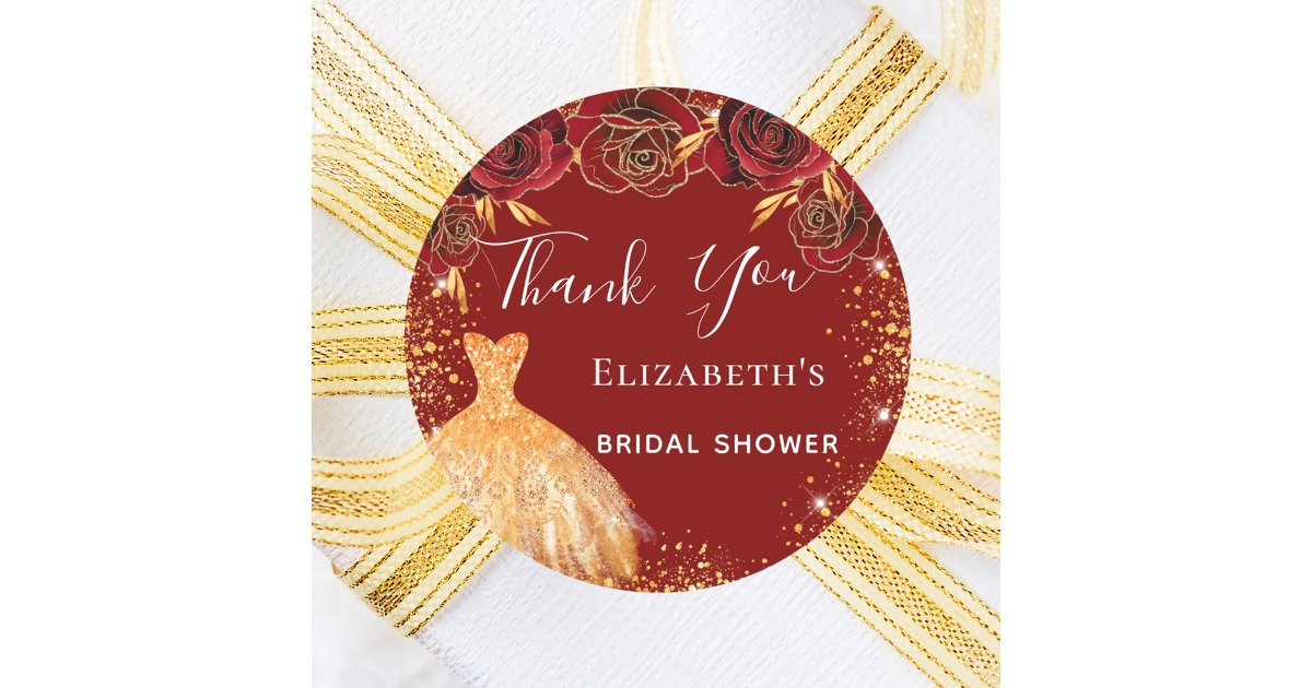 Bridal Shower red gold dress Thank You Classic Round Sticker | Zazzle