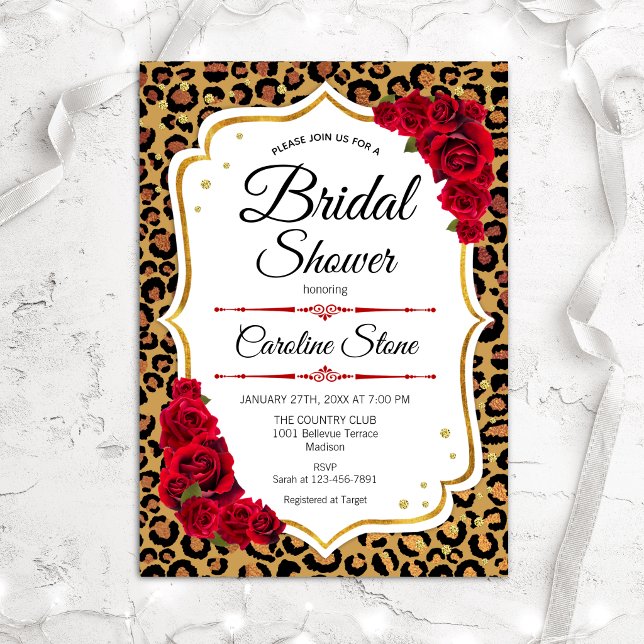 Bridal Shower - Red Roses Leopard Print Invitation