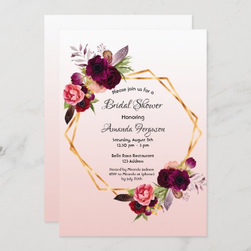 Bridal shower rose gold blush floral geometric invitation