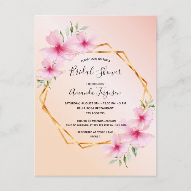 Bridal shower rose gold blush floral invitation postcard (Front)