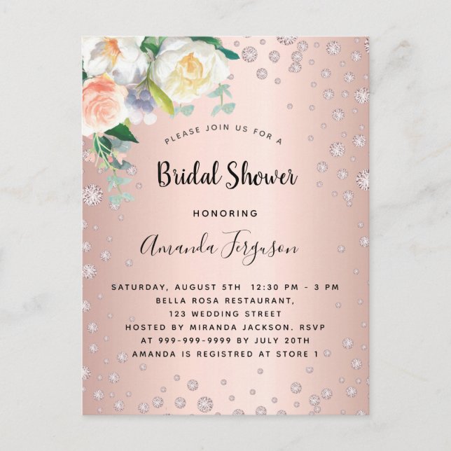 Bridal shower rose gold blush floral invitation postcard (Front)