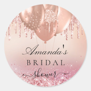 Bridal shower rose gold blush glitter name classic round sticker