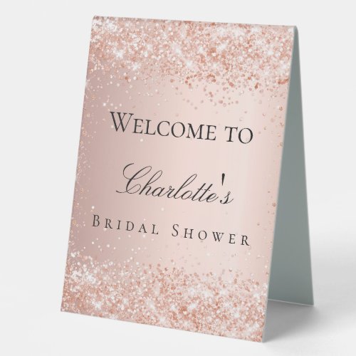 Bridal shower rose gold blush glitter welcome table tent sign