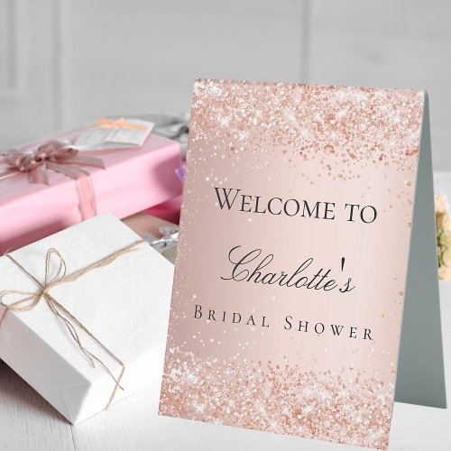 Bridal shower rose gold blush glitter welcome table tent sign