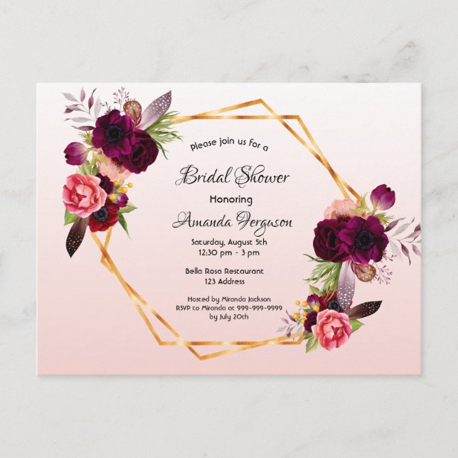 Bridal shower rose gold burgundy invitation postcard (Front)