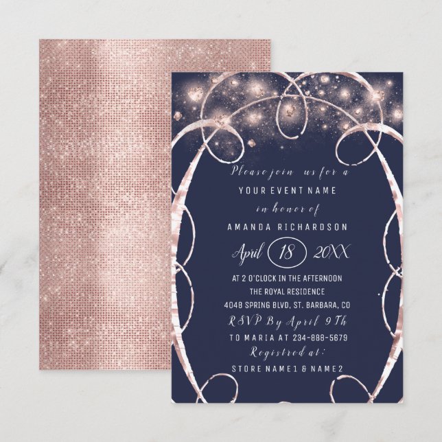 Bridal Shower Rose Gold Confetti Blue Navy Invitation (Front/Back)