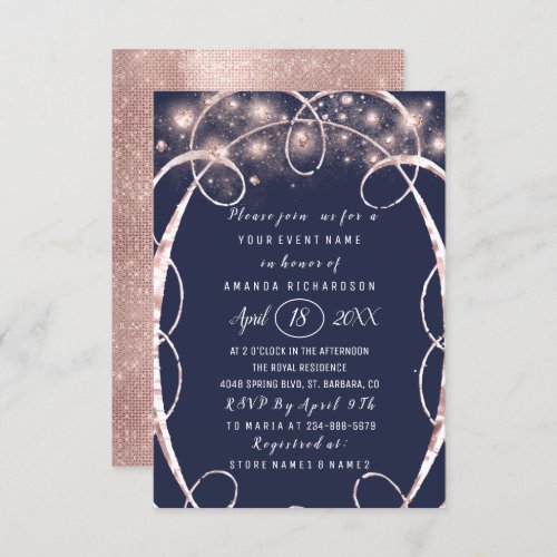 Bridal Shower Rose Gold Confetti Blue Navy Invitation