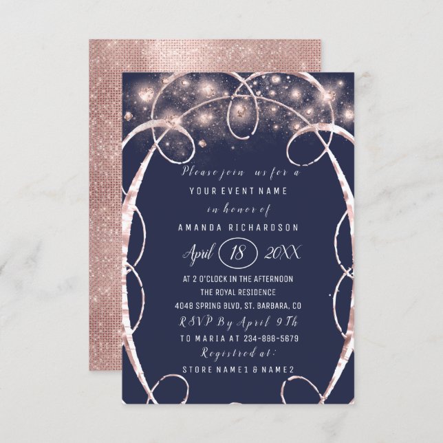 Bridal Shower Rose Gold Confetti Blue Navy Invitation (Front/Back)