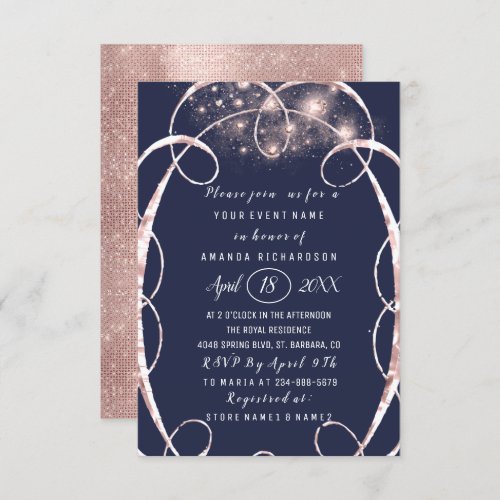 Bridal Shower Rose Gold Confetti Blue Navy Invitation