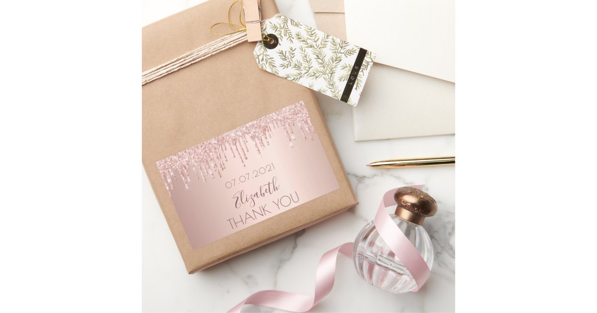 Bridal shower rose gold drips thank you rectangular sticker | Zazzle