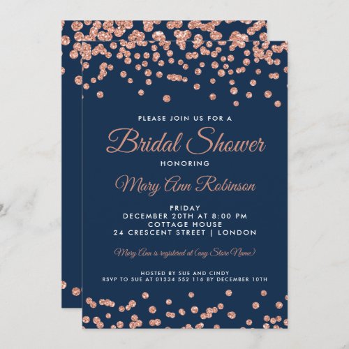 Bridal Shower Rose Gold Faux Glitter Confetti Navy Invitation