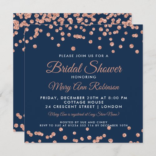 Bridal Shower Rose Gold Faux Glitter Confetti Navy Invitation