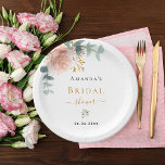 Bridal Shower rose gold floral eucalyptus elegant Paper Plates<br><div class="desc">A chic white background. Decorated with a rose gold,  blush pink floral,  flower (rose)and green watercolored eucalyptus leaves,  sprigs,  greenery and a faux gold sprig. Personalize and add the name of the bride to be and a date. Black and golden letters.</div>