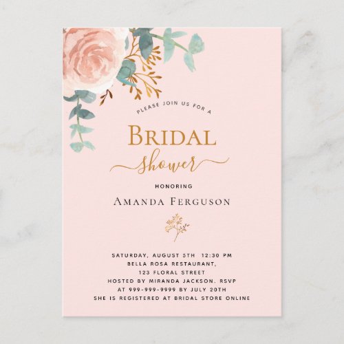 Bridal Shower rose gold floral eucalyptus elegant Postcard