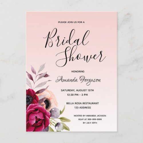 Bridal shower rose gold floral invitation postcard