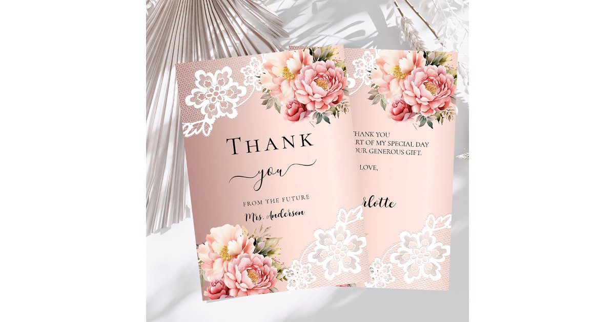 Bridal Shower rose gold floral lace thank you card | Zazzle