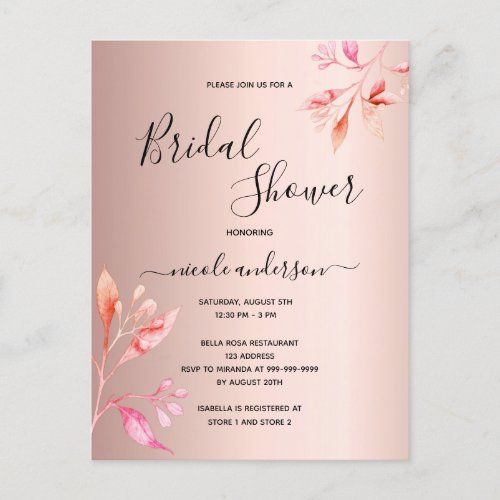 Bridal shower rose gold florals blush invitation postcard