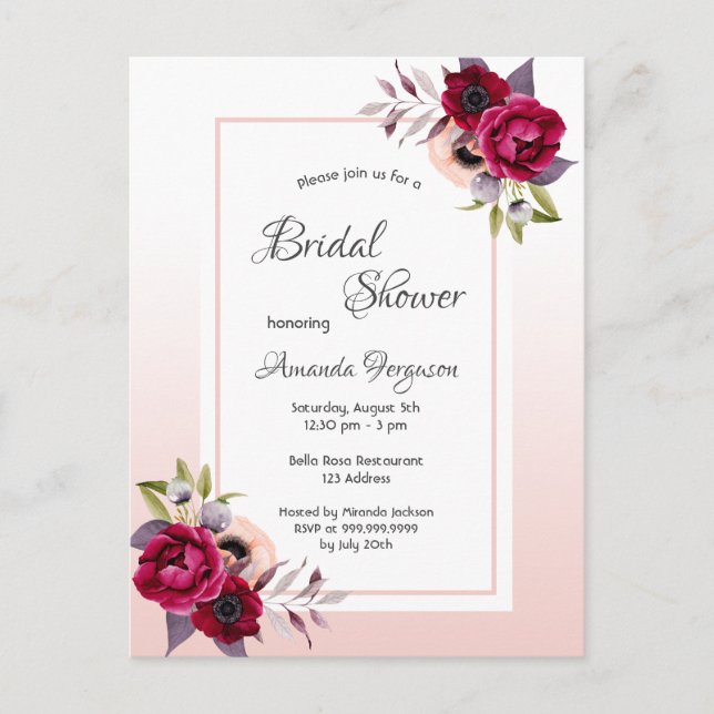 Bridal shower rose gold flowers invitation postcard (Front)