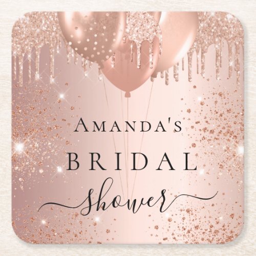 Bridal Shower rose gold glitter balloons glam Square Paper Coaster