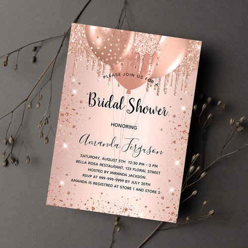 Bridal Shower rose gold glitter balloons luxury Invitation