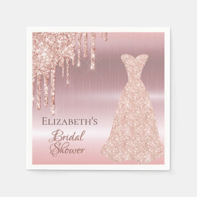 Bridal shower rose gold glitter blush dress name napkins (Front)