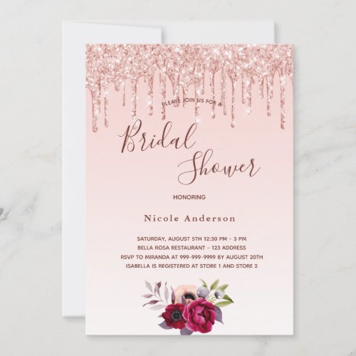 Bridal Shower rose gold glitter blush pink floral Invitation