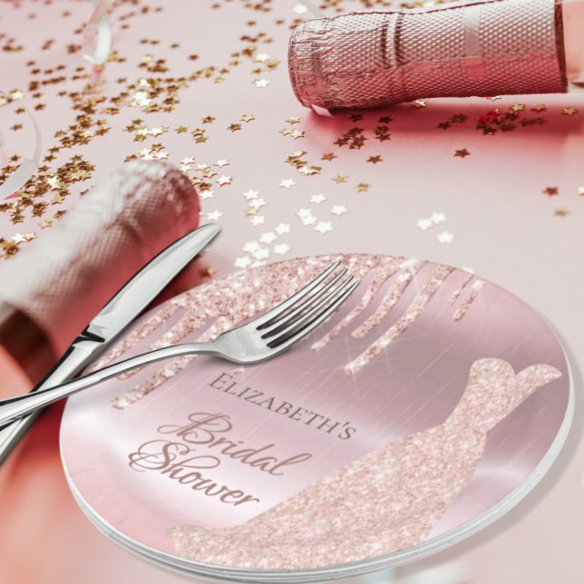 Bridal Shower rose gold glitter drip metallic Paper Plates (Creator Uploaded)