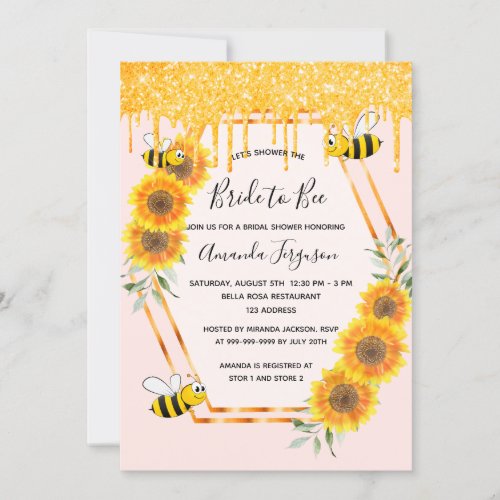 Bridal shower rose gold glitter drips bride to bee invitation