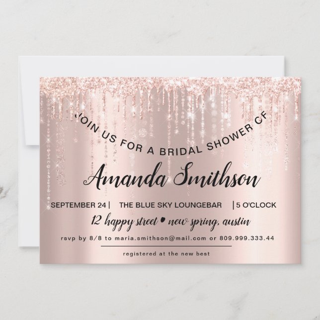 Bridal Shower Rose Gold  Glitter Drips Sweet 16th Save The Date (Front)