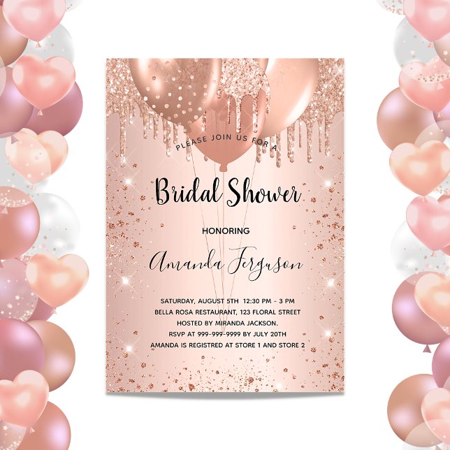 Bridal Shower rose gold glitter drops balloons Invitation