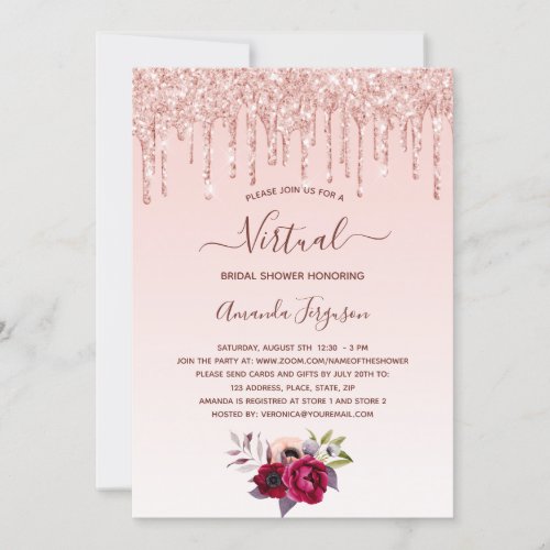 Bridal Shower rose gold glitter floral virtual Invitation