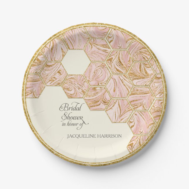 Bridal Shower Rose Gold Glitter Marble Hexagonal Paper Plates (Front)