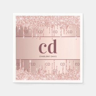 Bridal shower rose gold glitter monogram initials napkins