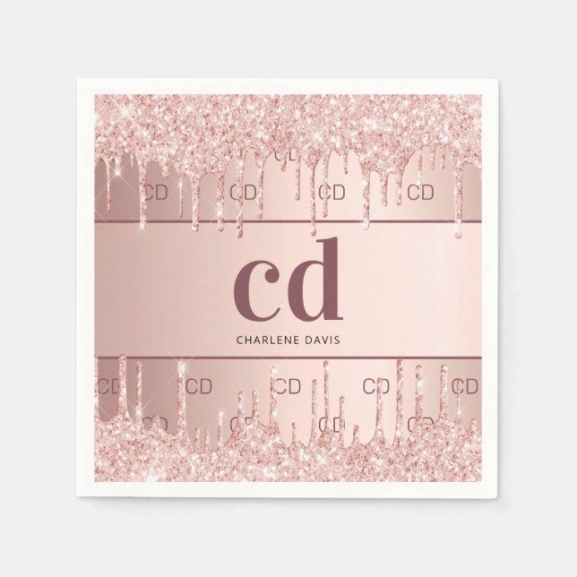 Bridal shower rose gold glitter monogram initials napkins (Front)