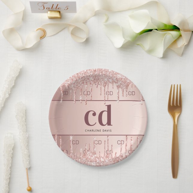 Bridal shower rose gold glitter monogram initials paper plates (Wedding)