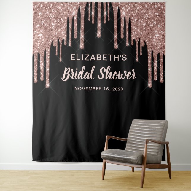 Bridal Shower Rose Gold Glitter Personalized Black Tapestry (In Situ)
