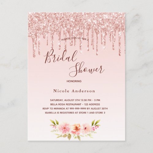 Bridal Shower rose gold glitter pink invitation Postcard