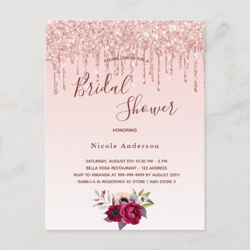 Bridal Shower rose gold glitter pink invitation Postcard