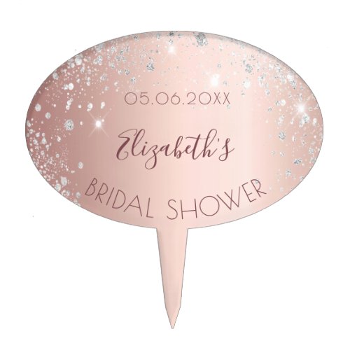 Bridal Shower rose gold glitter silver monogram Cake Topper