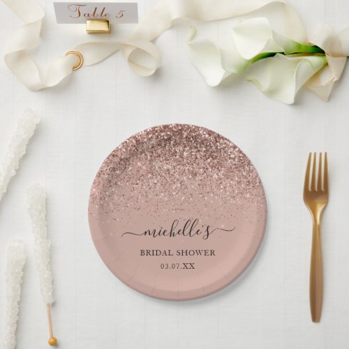 Bridal Shower Rose Gold Glitter Sparkle Name Paper Plates
