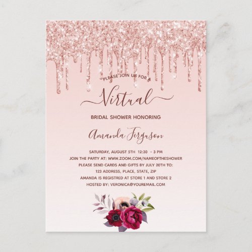 Bridal Shower rose gold glitter virtual invitation Postcard