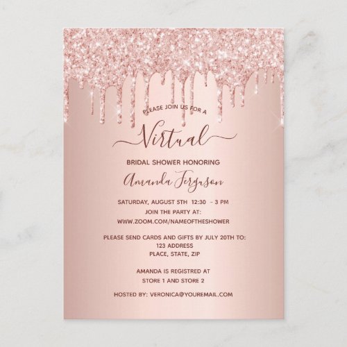 Bridal Shower rose gold glitter virtual invitation Postcard