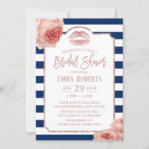 Bridal Shower Rose Gold Lips Floral Navy Stripes Invitation