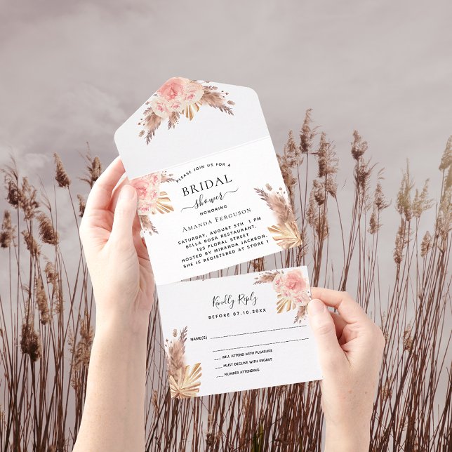 Bridal Shower rose gold pampas grass florals RSVP All In One Invitation (Creator Uploaded)