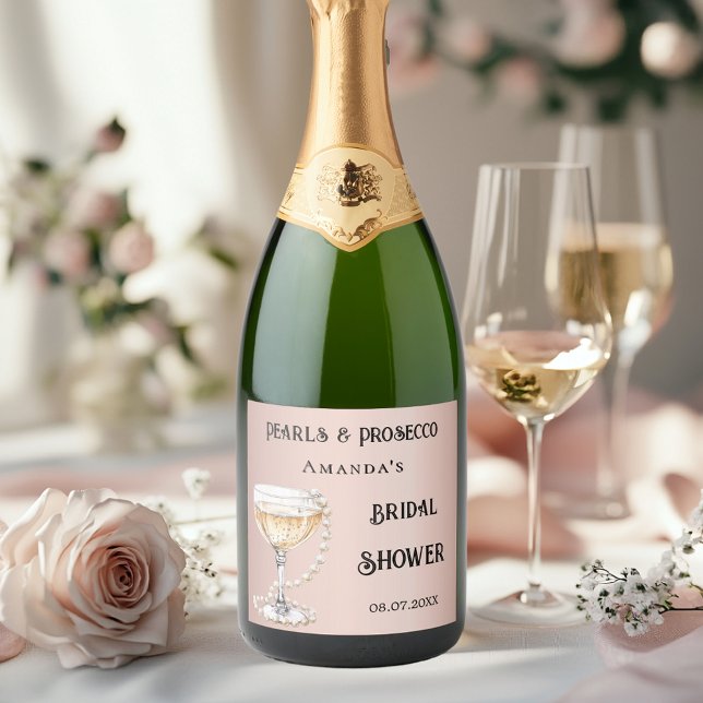 Bridal shower rose gold pearls prosecco sparkling wine label (Creator Uploaded)