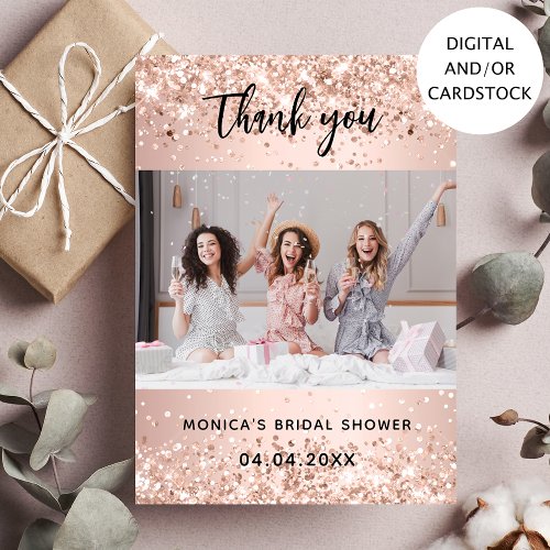Bridal shower rose gold photo thank you card