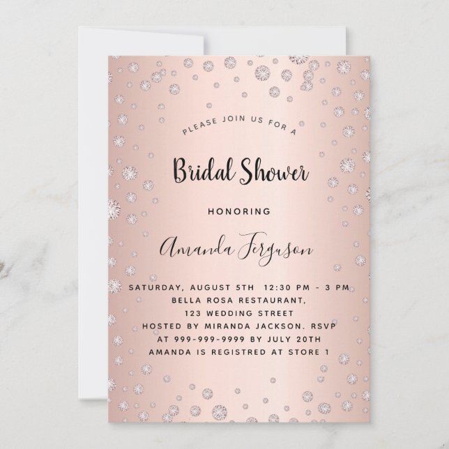 Bridal shower rose gold pink diamonds glamorous invitation (Front)