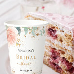 Bridal Shower rose gold pink floral eucalyptus  Paper Cups<br><div class="desc">For an elegant bridal shower. A chic white background. Decorated with rose gold and blush pink florals,  flowers (roses)and green watercolored eucalyptus leaves,  sprigs,  greenery and faux gold sprigs. Golden glitter dust. Personalize and add a name and a date. Black and golden letters.</div>